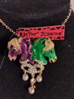 Betsey Johnson Double Horse Head Enamel & Rhinestone Necklace or Pin New W/Tags 