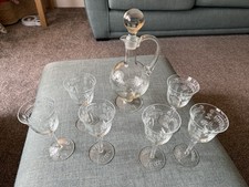 Glass Wine Decanter 6 stemmed glasses Etched flowers and Leaves, see description