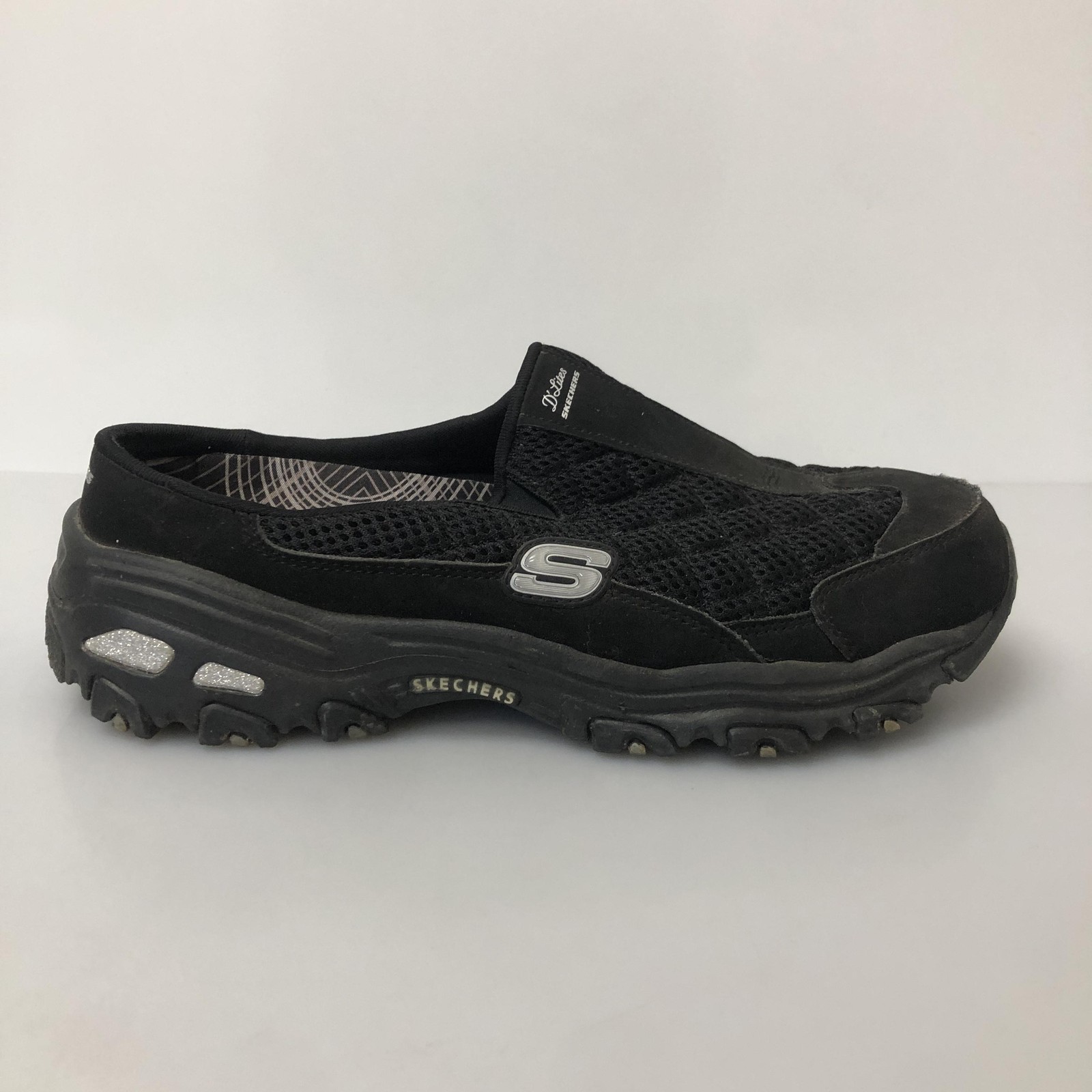 Skechers D'Lites Shoes Womens Size 8.5 Black Mule Slip On SRR Walking Comfort