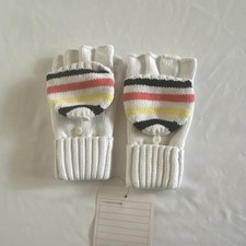 Ivory Striped Convertible Knit Mittens Button Accent Women Winter Casual