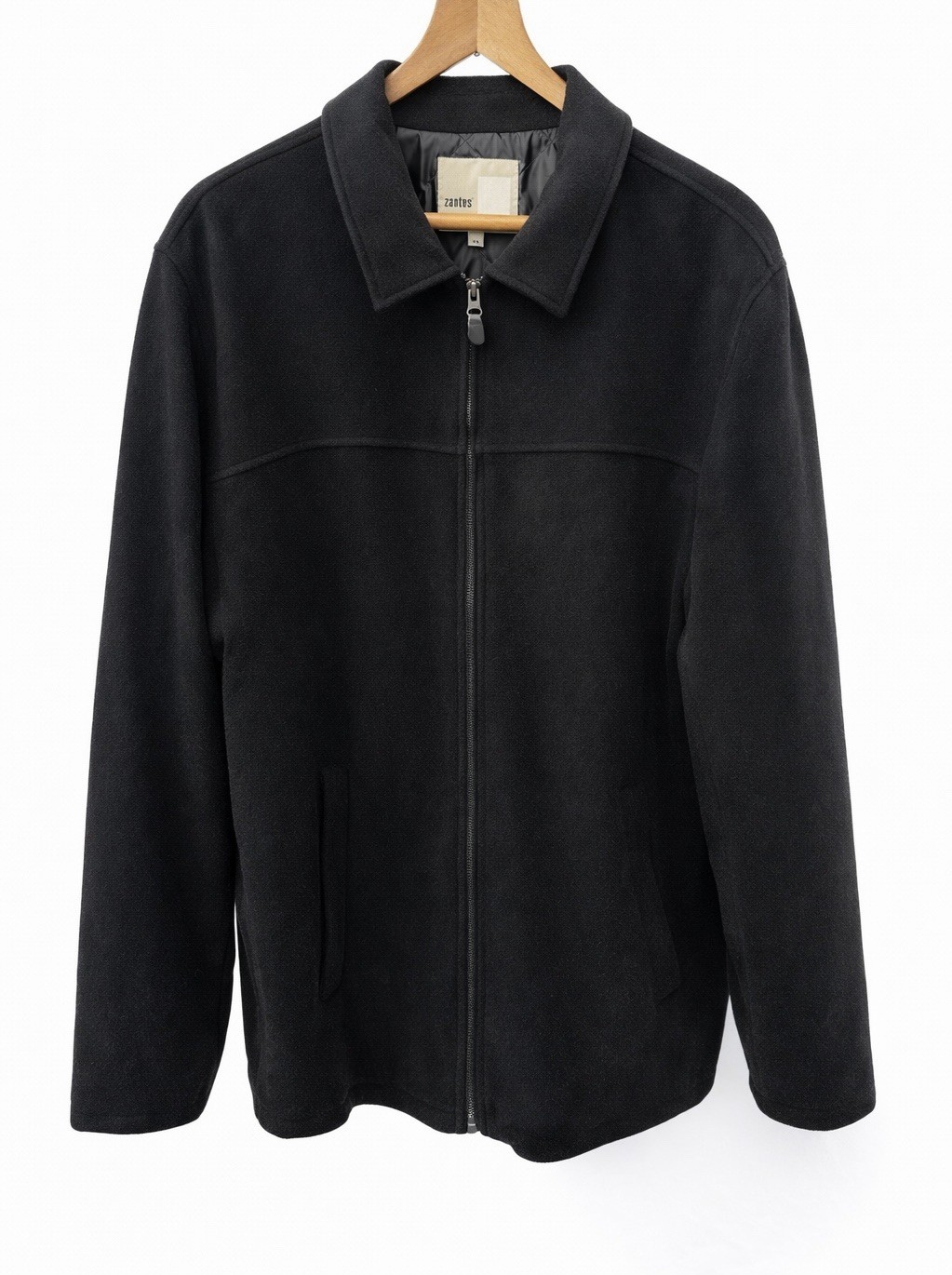 Mens Black Wool Blend Winter Coat Zip Front Classic Collar Smart Casual  XL