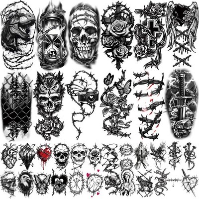 77 Sheets Temporary Tattoo for Women Men, 17 Sheets Half Arm Large Black Barb...