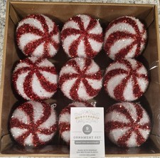 Wondershop - 9pc Candy Cane Stripe Tinsel Ball Christmas Tree Ornament Set