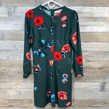 Ann Taylor LOFT Petite Green Poppy Floral Knee Length Dress Ruffle Accent 0P