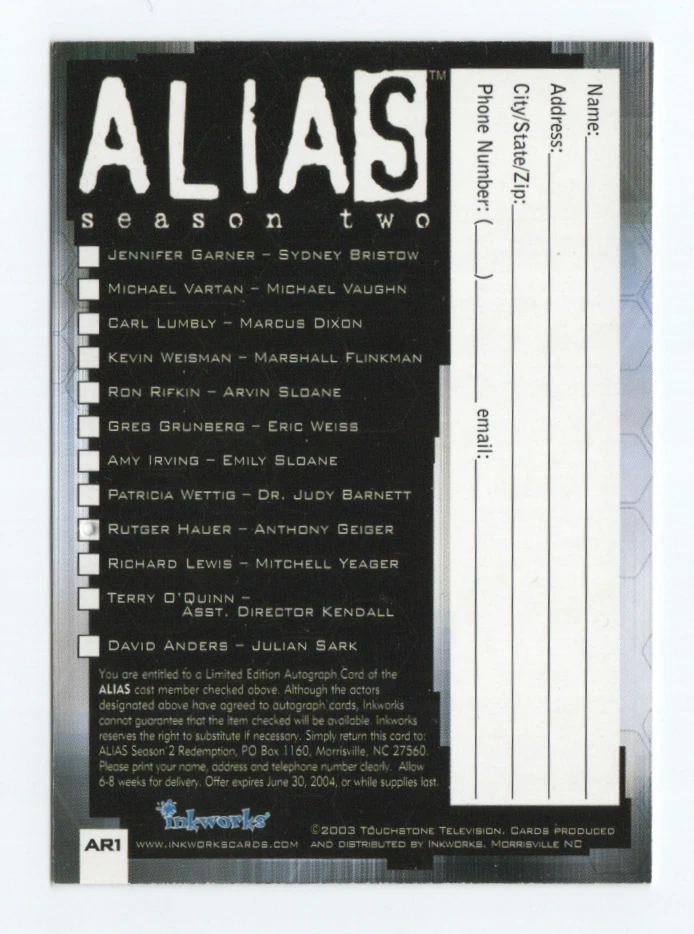 Alias Season 2 Inkworks Autograph Redemption Card Rutger Hauer CLEAN UNREDEEMED - Image 2 of 4