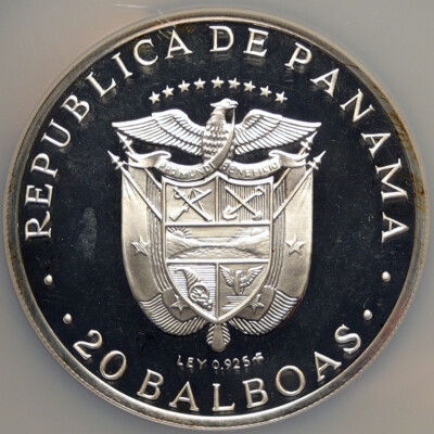 1976 PANAMA Huge Proof Silver 3.8oz 20 Balboas Coin w SIMON
