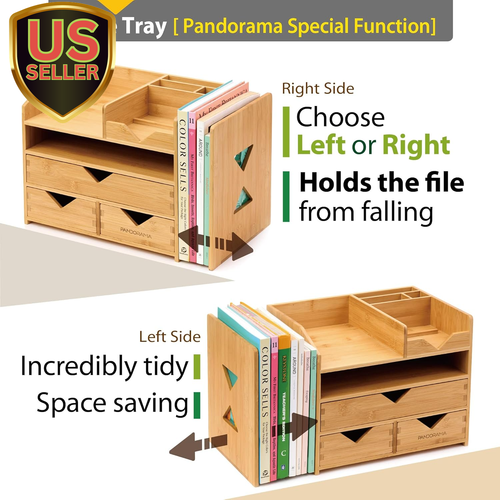 Bamboo Desk Organizer with Adjustable File & Book Holder, Spacious Desktop St...