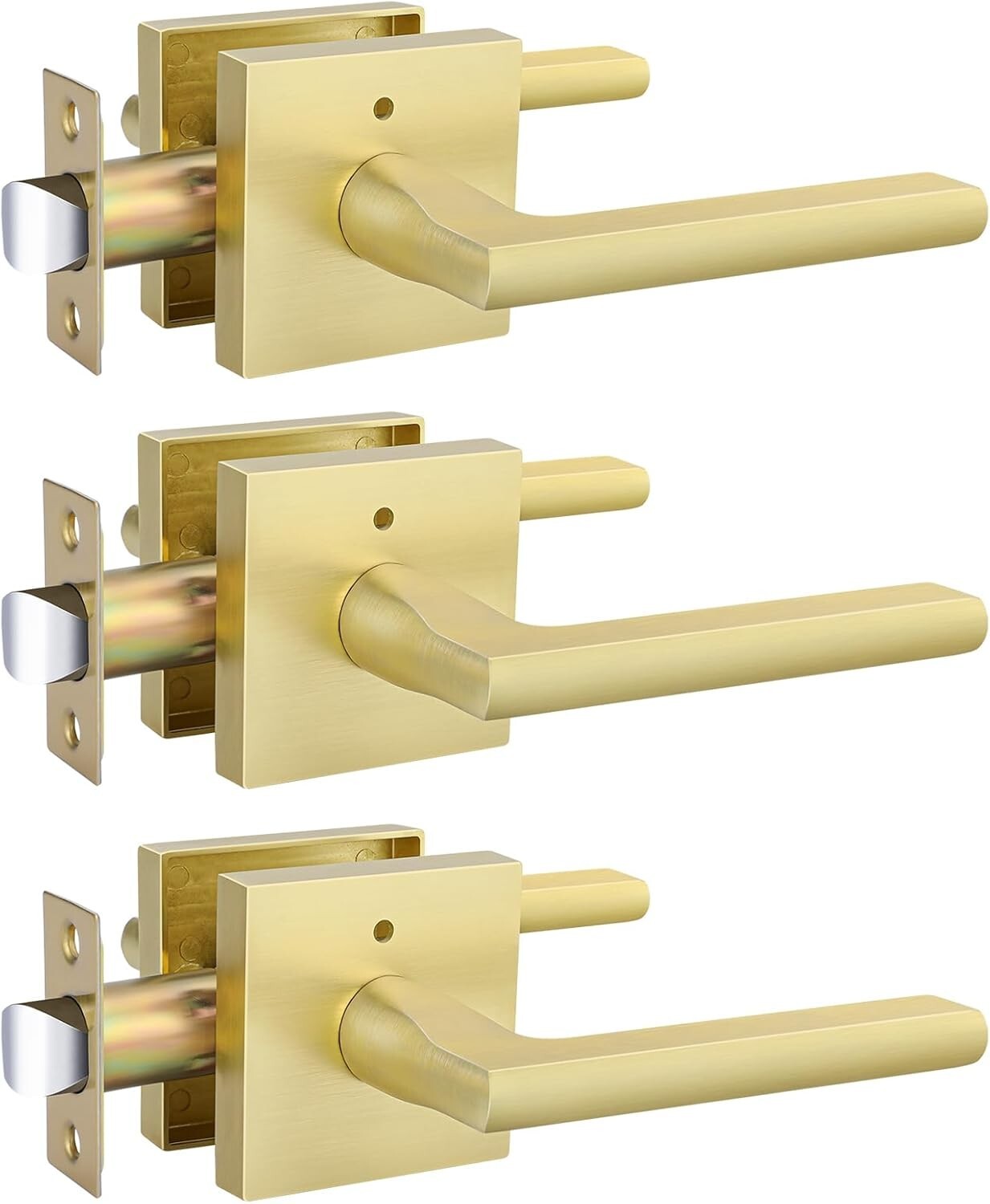 Durable Brushed Gold Door Handles with Push Button Lock - Interior 3 Pack