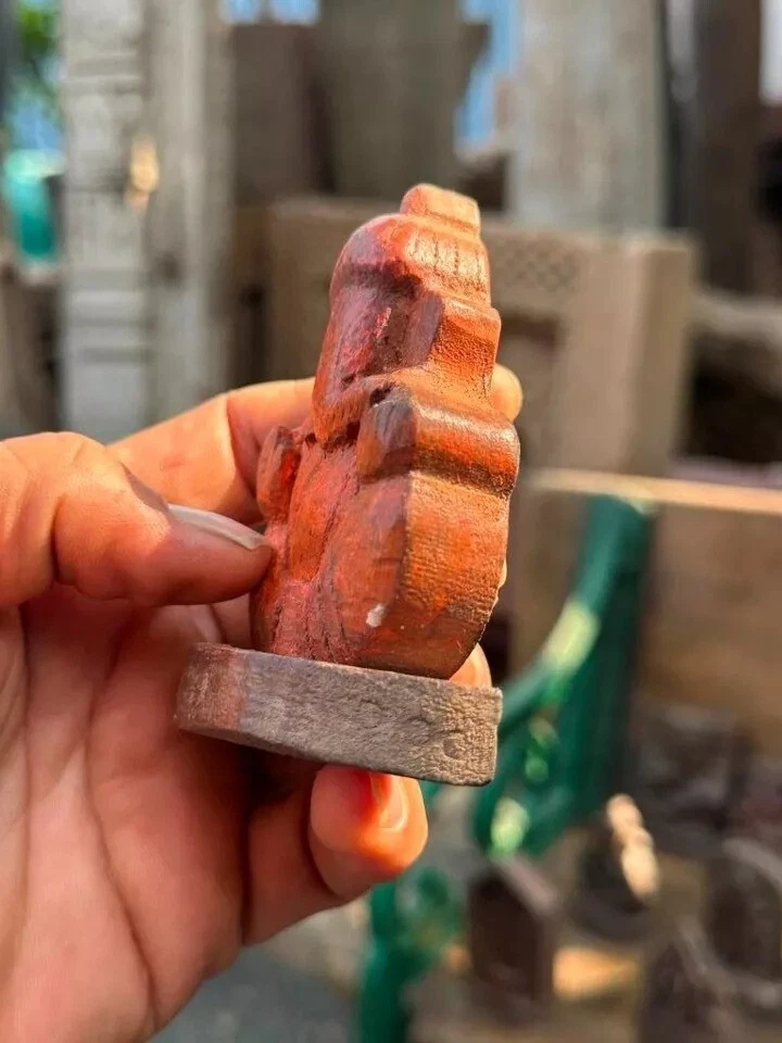 Antique Old Natural Wooden Hand Carved Figure of God Ganesha 3.5 x 3" - Imagem 3 de 4