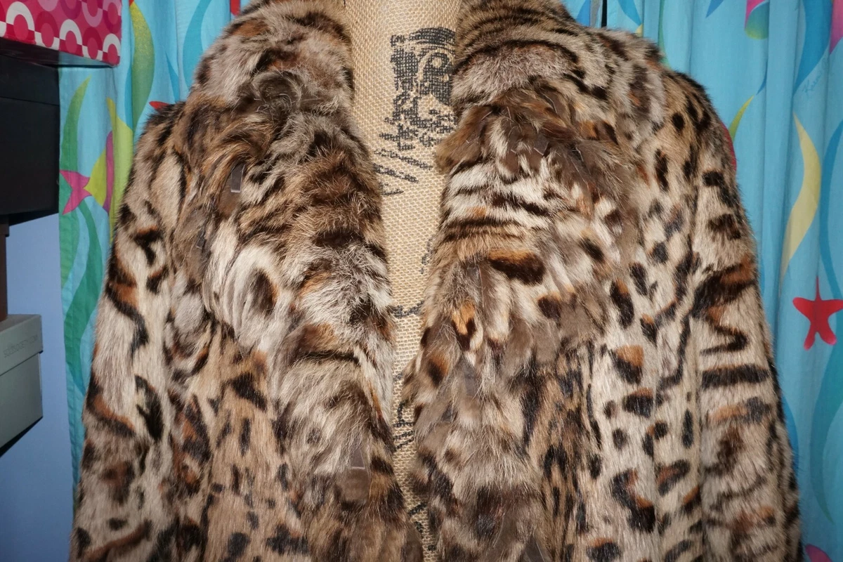 New LEOPARD FUR REX RABBIT FRINGE COAT SIZE Large