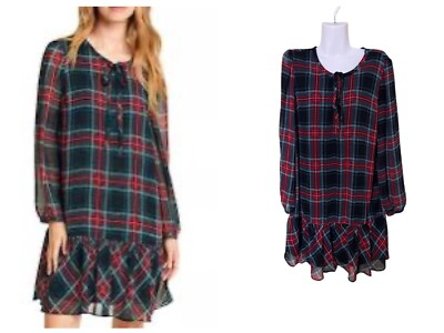 #ad Draper James Womens Plaid Ruffle Hem Dress Drop waist Black Red $12.80