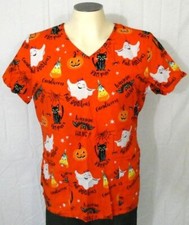 ScrubStar Orange Large V Neck Scrub Top Halloween Theme Cotton
