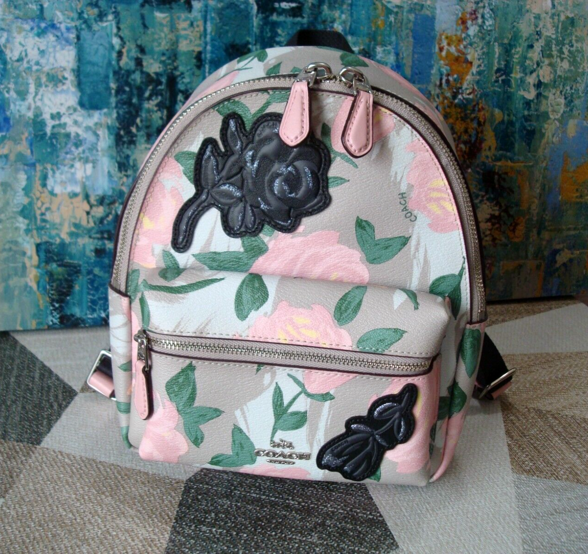 COACH F25869 Camo Rose Mini Charlie Backpack Khaki/Blush Color