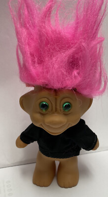 Vintage Pink Hair Green Eyes Troll. Black top. Big Smile Big Nose