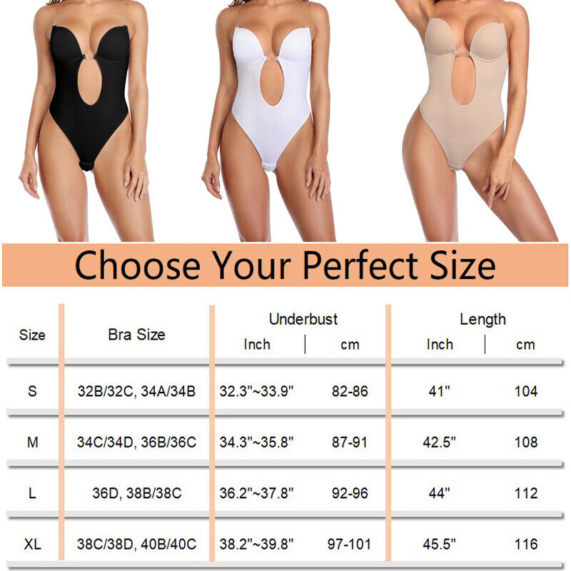 Womens U Plunge Backless Bodysuit Invisible Full Body Bras Thong