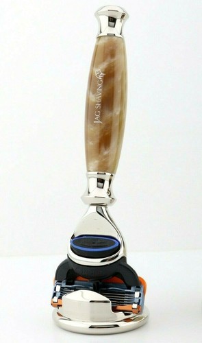 5 Edge Cartridge Razor Shaving Set Horn Replica Handles Synthetic Hair Brush