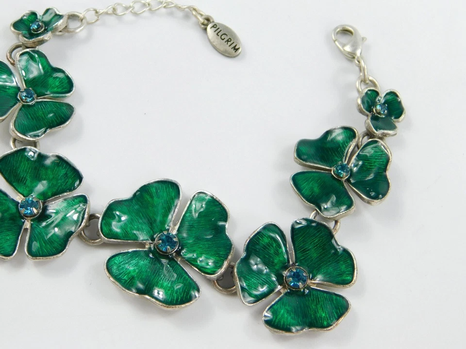 Pulsera PILGRIM Tono Plata Esmalte Verde Flor Eslabón Azul Estrás 6-7.5" Foto 3 de 4