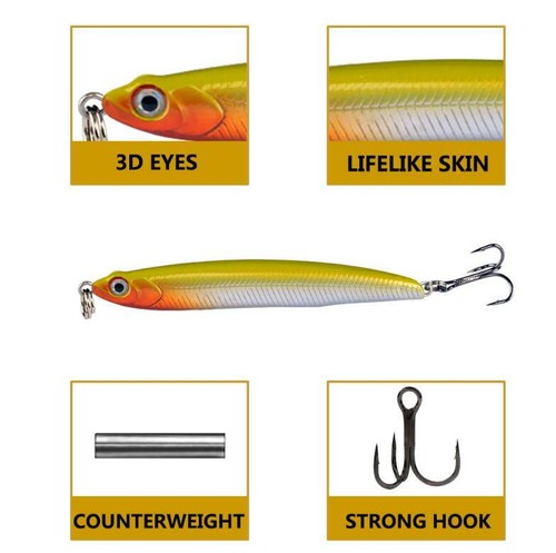 7PCS Pencil Sinking Fishing Lure Saltwater Crankbait Hard Jigs Bait Swimbait 10g - Picture 2 of 10
