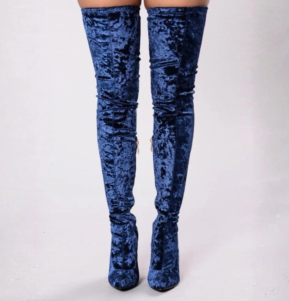 "Botas hasta el muslo Dolls Kill - terciopelo aplastado azul real talla 8M 4"" tacón bloque" Foto 2 de 4