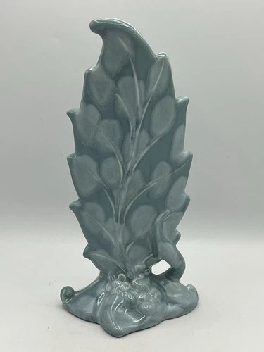 Vintage ROYAL HAEGER Art Pottery Blue Console Vase Leaf Floral R-320 USA 12.25"H