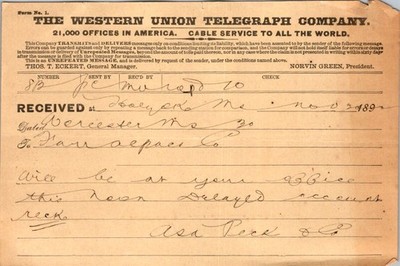 1889 Western Union Telegram Form Business Message Worcester Massachusetts