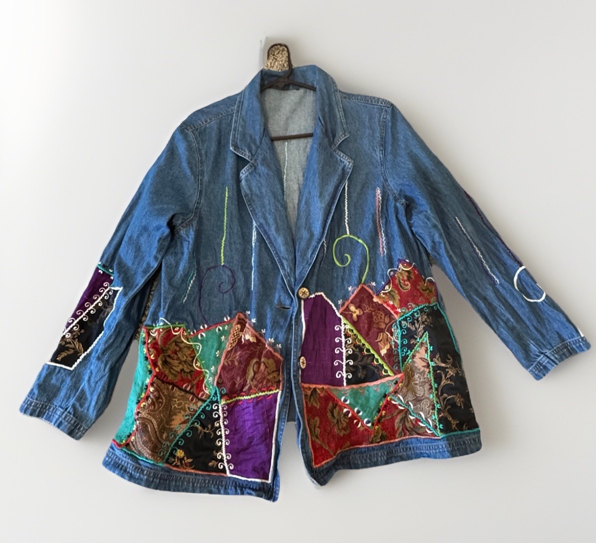 Indigo Moon Denim Patchwork Jacket Boho Artwear W… - image 1