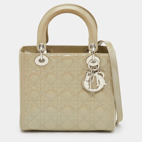 Dior Lady Dior Medium Grey Cannage Patent Leather Tote