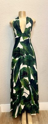 MILLY Green & White Tropical V-Neck Sleeveless Satin Maxi Dress S Zip
