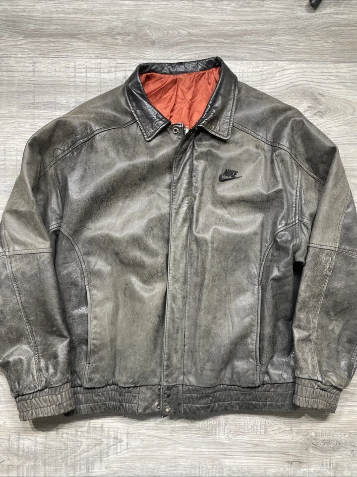 Chaqueta de Cuero Nike Jordan Flight Años 80/90 De Colección Negra Forro Naranja Desteñido L Foto 2 de 4