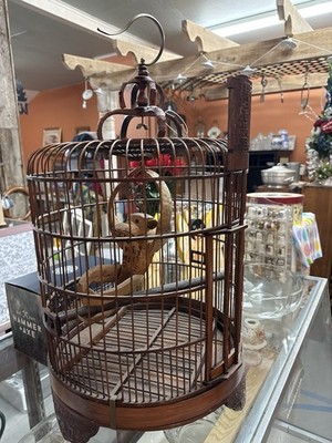 Vintage Style Dometop Bamboo & Wood Hanging Bird Cage w/ Hook, Brown