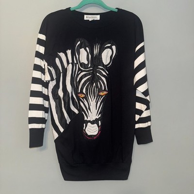 Vintage 80's Illustrations Zebra Sweatshirt Black White Avant Garde Women Medium