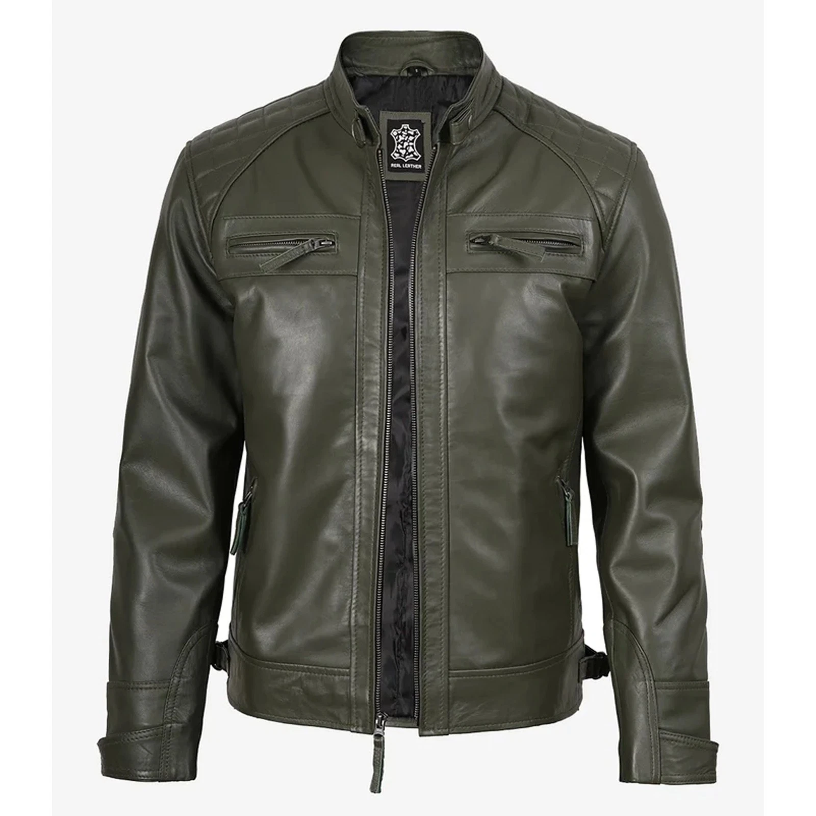 New Green Biker Cowhide Leather Jacket – Men’s Motorcycle Cafe Racer Jacket - product detail image 1