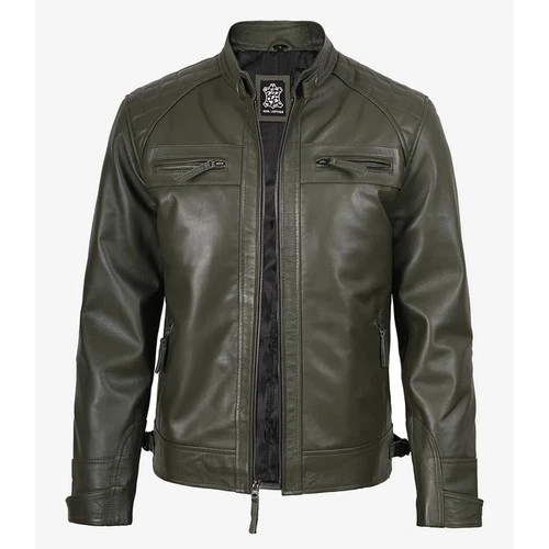 New Green Biker Cowhide Leather Jacket – Men’s Motorcycle Cafe Racer Jacket video thumbnail