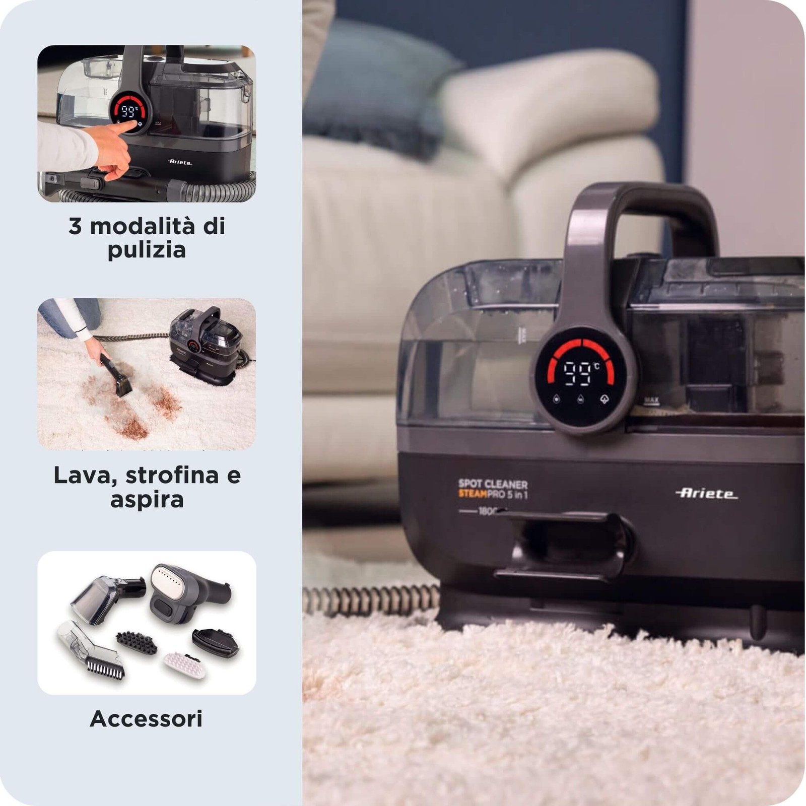 Ariete 2484 Spot Cleaner Steam PRO 1800W Lavatappeti Pulitore Vapore Auto Divani foto 5