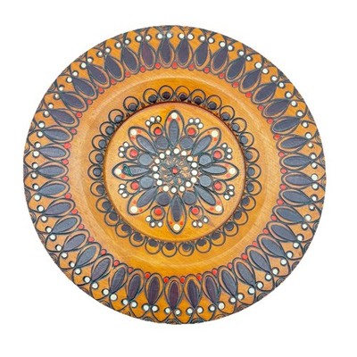 Vintage Folk Art Wooden Plate Hand Carved & Painted Burned Design Wall Hanging