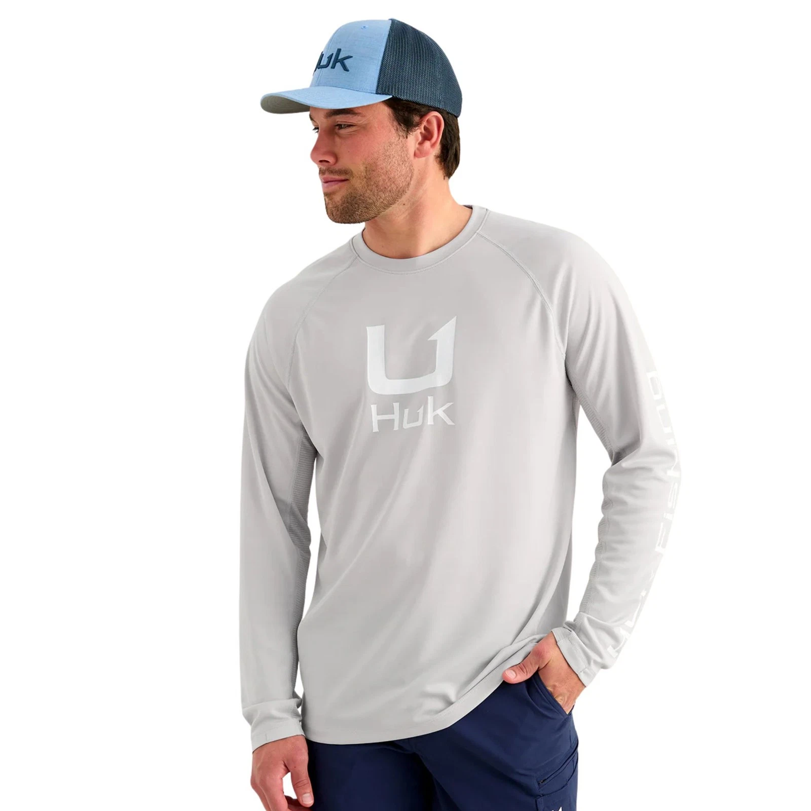 Huk Icon Long Sleeve Crew Men's Tech Shirt, Seagull, Medium