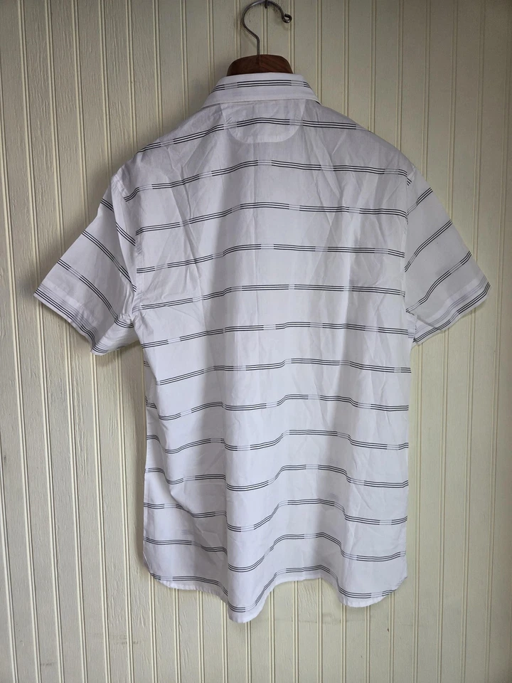 Perry Ellis Shirt Mens Large White Black Stripe Short Sleeve Cotton Top Casual - Image 3 of 4