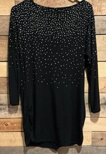 PREMISE Black Silver Studded 3/4 Sleeve Short Bodycon Dress Ruched Sides L Chic