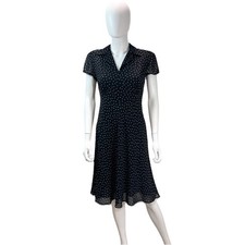 Vtg Talbots Petites Black polkadot collar short sleeve Empire Waist Dress 8