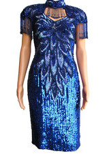 Vintage 1990s Sequin Beaded Cocktail Evening Dress Royal Blue Nite Line 4