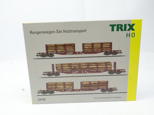 E2853 Trix H0 24146 Güterwagenset 3-tlg. Rungenwagen Holztransport DB / NEM OVP | Condition: Gebraucht