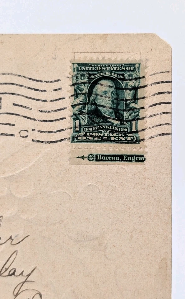 Rare Green 1902 Ben Franklin Stamp Cancelled 12/16/1907 On Christmas Postcard - Image 3 of 4