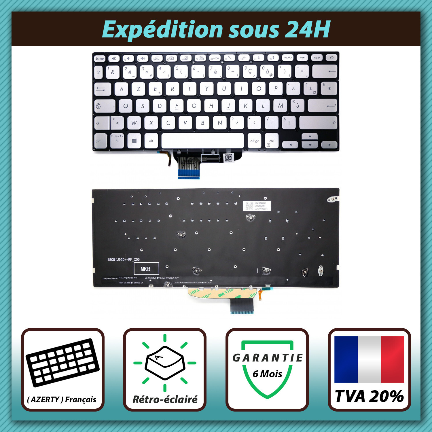 Clavier français AZERTY rétroéclairé pour Asus VivoBook S14 S430U