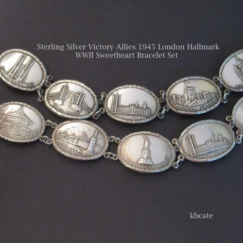 VTG 1945 WWII Sterling Silver Sweetheart Bracelet Set Victory Allies China UK