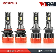 Combo LED Headlight High Beams 9005+ Low Beams H7 6000K Clear White 4PCS Bulbs