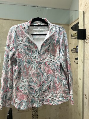 T By Talbot Women White Pink Green Long Sleeve 1/4 Zip Knit Pullover Lp