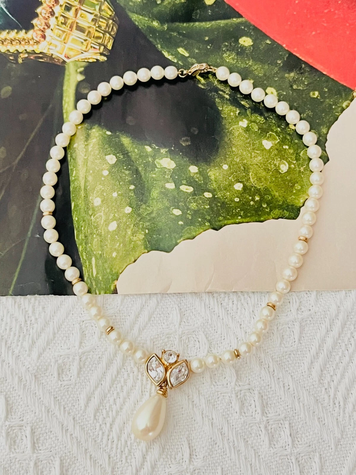 Collana Christian Dior vintage anni 80 perle bianche cristalli goccia acqua