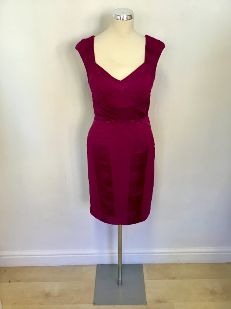 KAREN MILLEN WINE SATIN PANEL TRIM CUT OUT BACK PENCIL DRESS SIZE 10 | eBay
