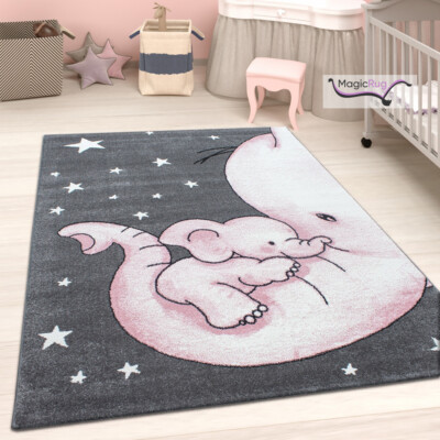 Elephant Nursery Rug Pink Grey Anima Kids Rug Girls Bedroom Carpet