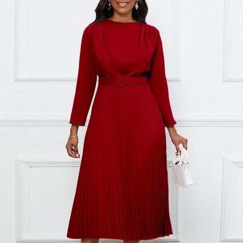 Women's A Line Round Neck Pleated Dress Plus Size Midi Wedding Guest Dresses